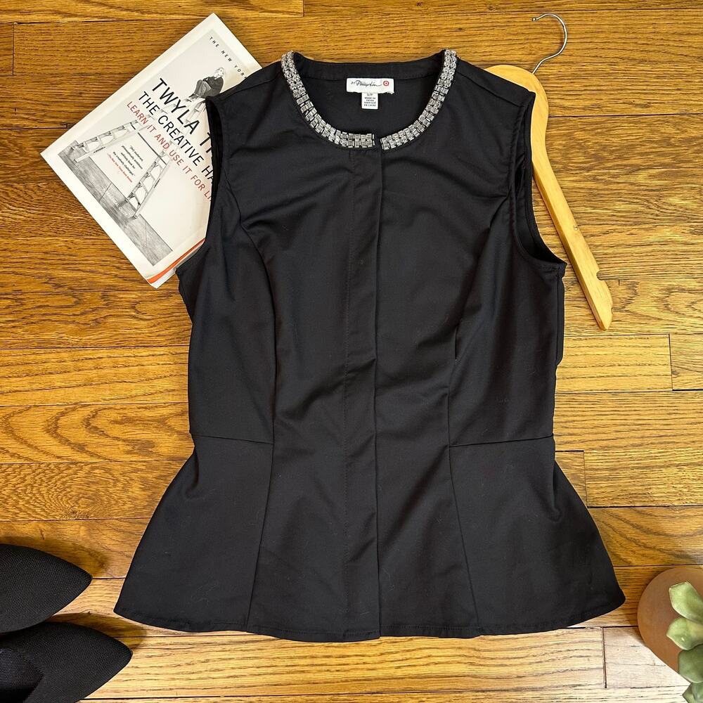 3.1 Phillip Lim Black Rhinestone Neckline Black Peplum Sleeveless Top